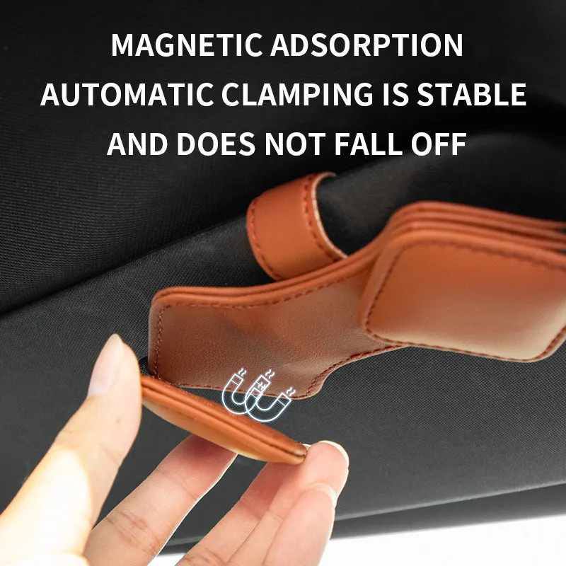 2 Pcs Orange Car Sun Visor Glasses Holder Clip with Dual Magnetic Clamps | PU Leather | Anti-Slip | Multi-Functional Storage