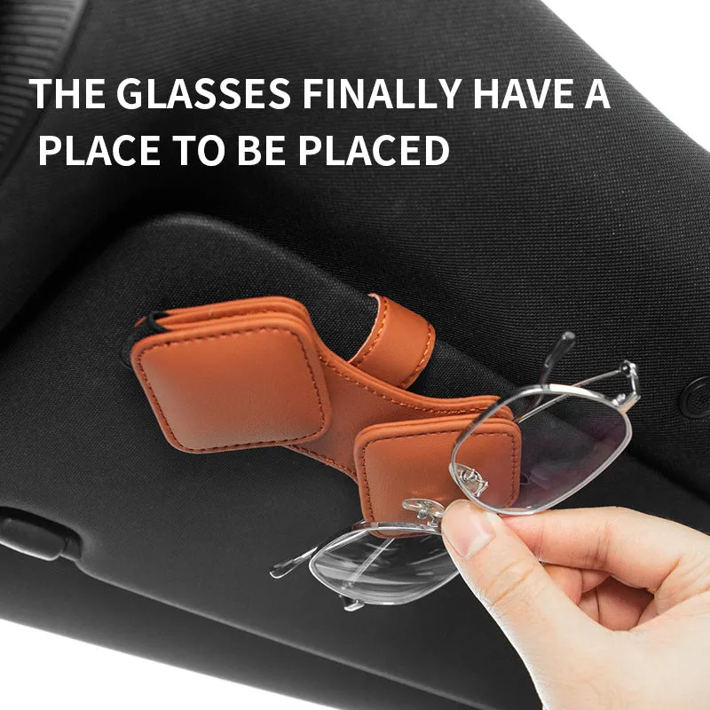 2 Pcs Orange Car Sun Visor Glasses Holder Clip with Dual Magnetic Clamps | PU Leather | Anti-Slip | Multi-Functional Storage