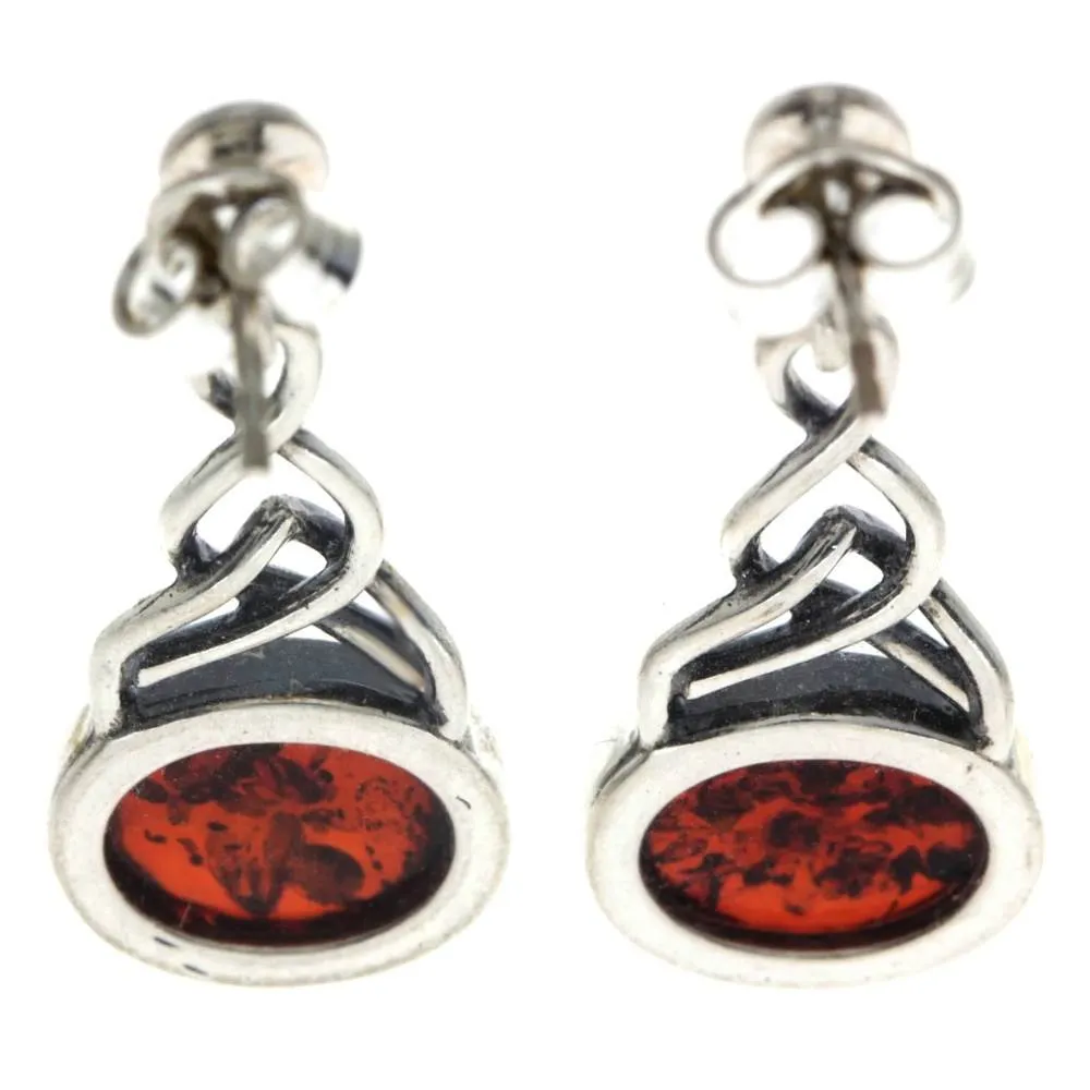 925 Sterling Silver & Genuine Baltic Amber Celtic Drop Earrings - 5917