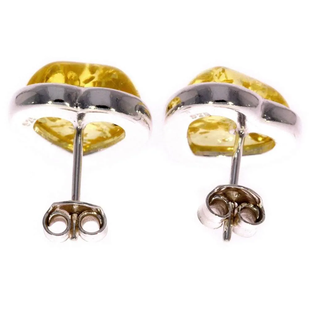 925 Sterling Silver & Genuine Baltic Amber Classic Heart Studs Earrings - GL040