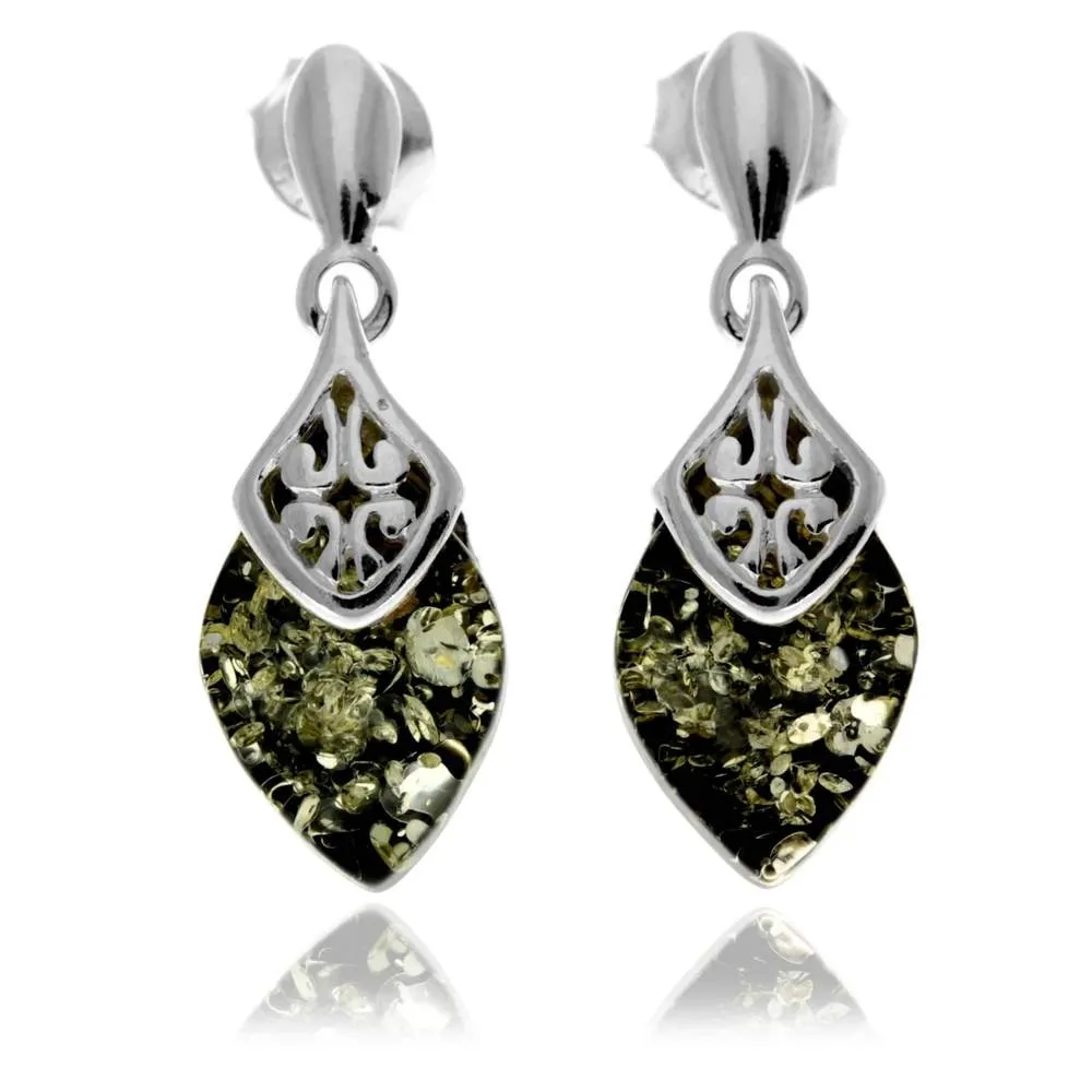 925 Sterling Silver & Genuine Baltic Amber Marquise Modern Drop Earrings - GL1017D