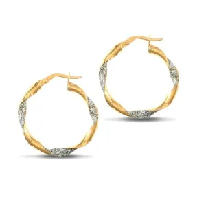 9ct 2 Tone Gold Ice Glitter Twisted 3mm Hoop Earrings 25mm