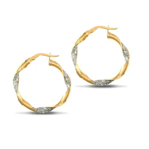 9ct 2 Tone Gold Ice Glitter Twisted 3mm Hoop Earrings 25mm