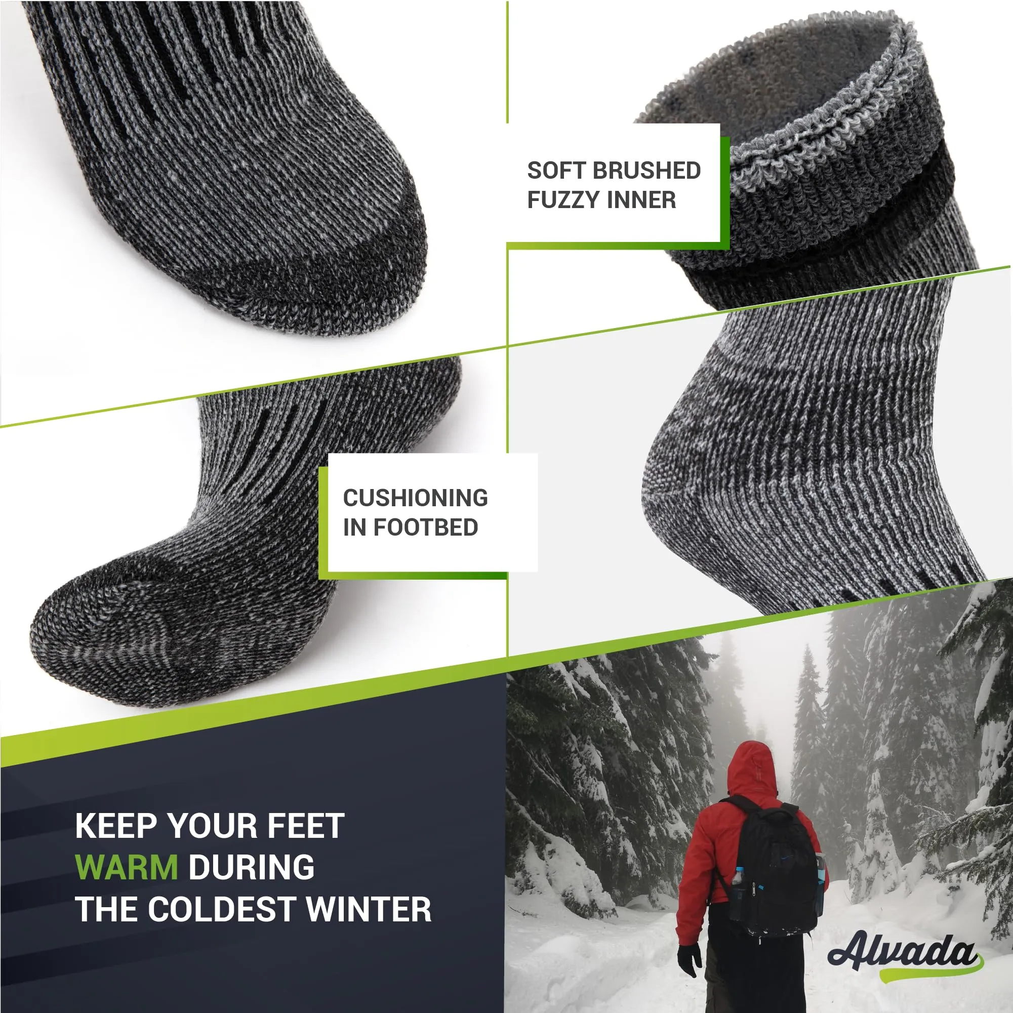 Alvada Warm Thermal Wool Socks for Winter Moisture Wicking and Breathable Cozy Boot Socks Charcoal ML