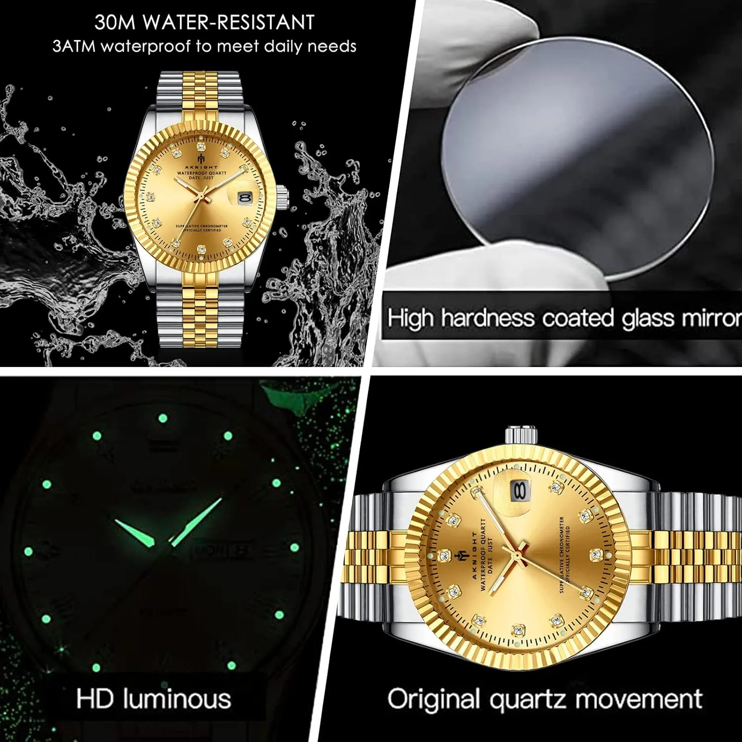 BY BENYAR AKNIGHT Watches for Men Quartz Movement WatchWaterproof Luminous Men's Watch, Stainless Steel Strap Business Watches