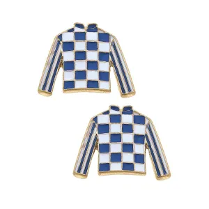 Canvas Style - Blue Jockey Silk Enamel Stud Earrings in Blue & White