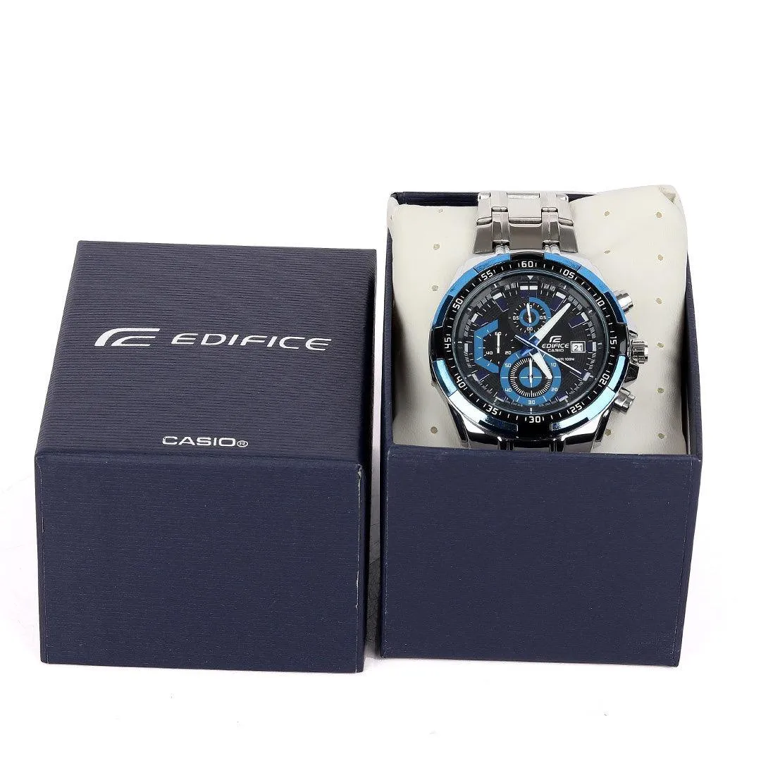 Casio Edifice Analog Black Dial Men's Silver Steel and Blue Screen Watch