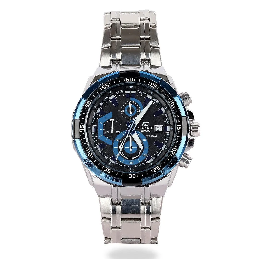 Casio Edifice Analog Black Dial Men's Silver Steel and Blue Screen Watch
