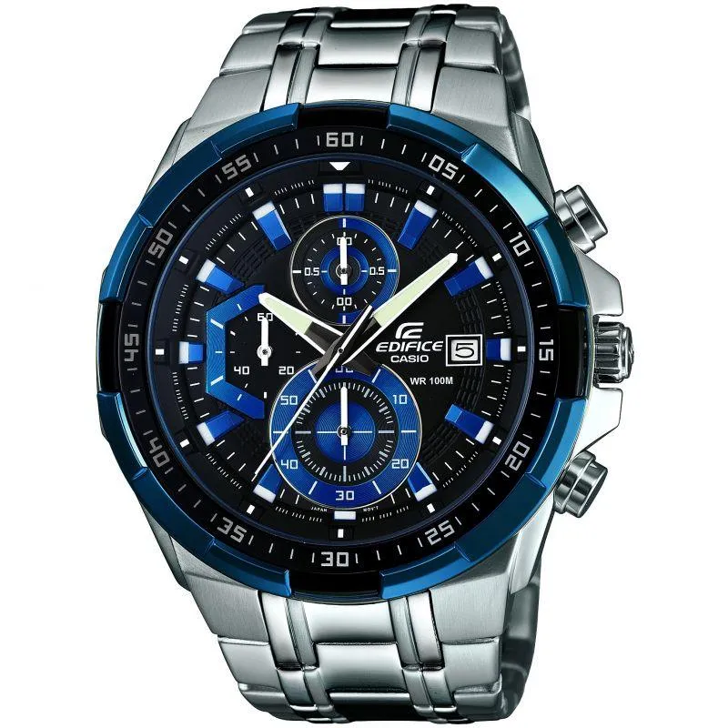 Casio Edifice Analog Black Dial Men's Silver Steel and Blue Screen Watch