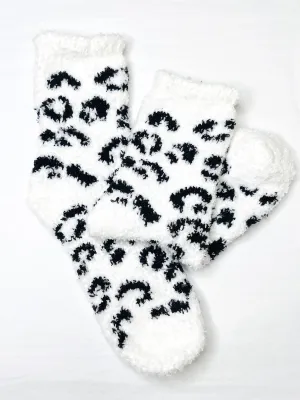 Fuzzy Leopard Socks - White & Black