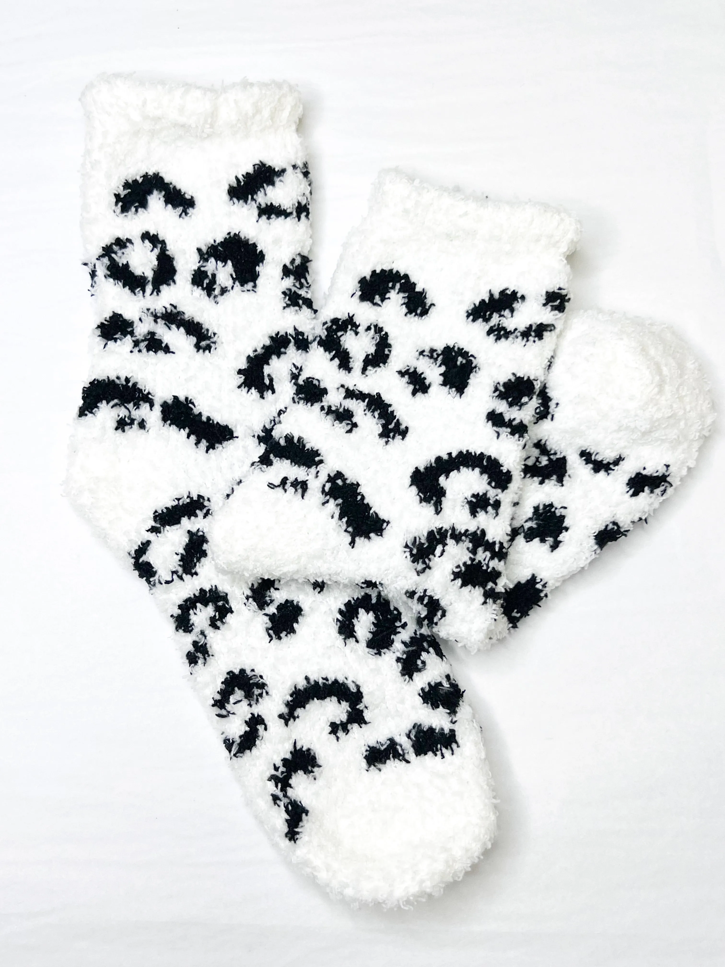 Fuzzy Leopard Socks - White & Black