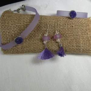 Lilac Jelly Band Ribbon Choker & Bracelet Dangling  Earrings