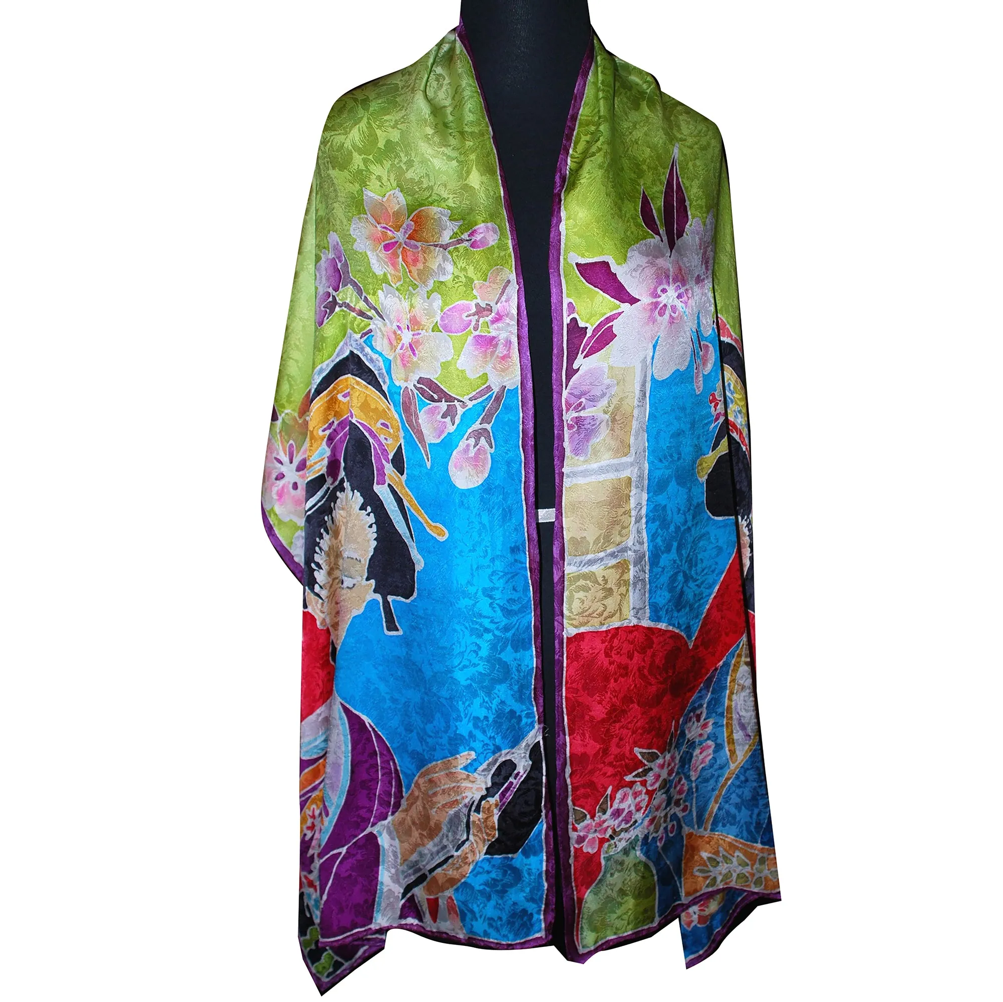 Luxurious Handpainted Japanese Geisha Jacquard Silk Wrap