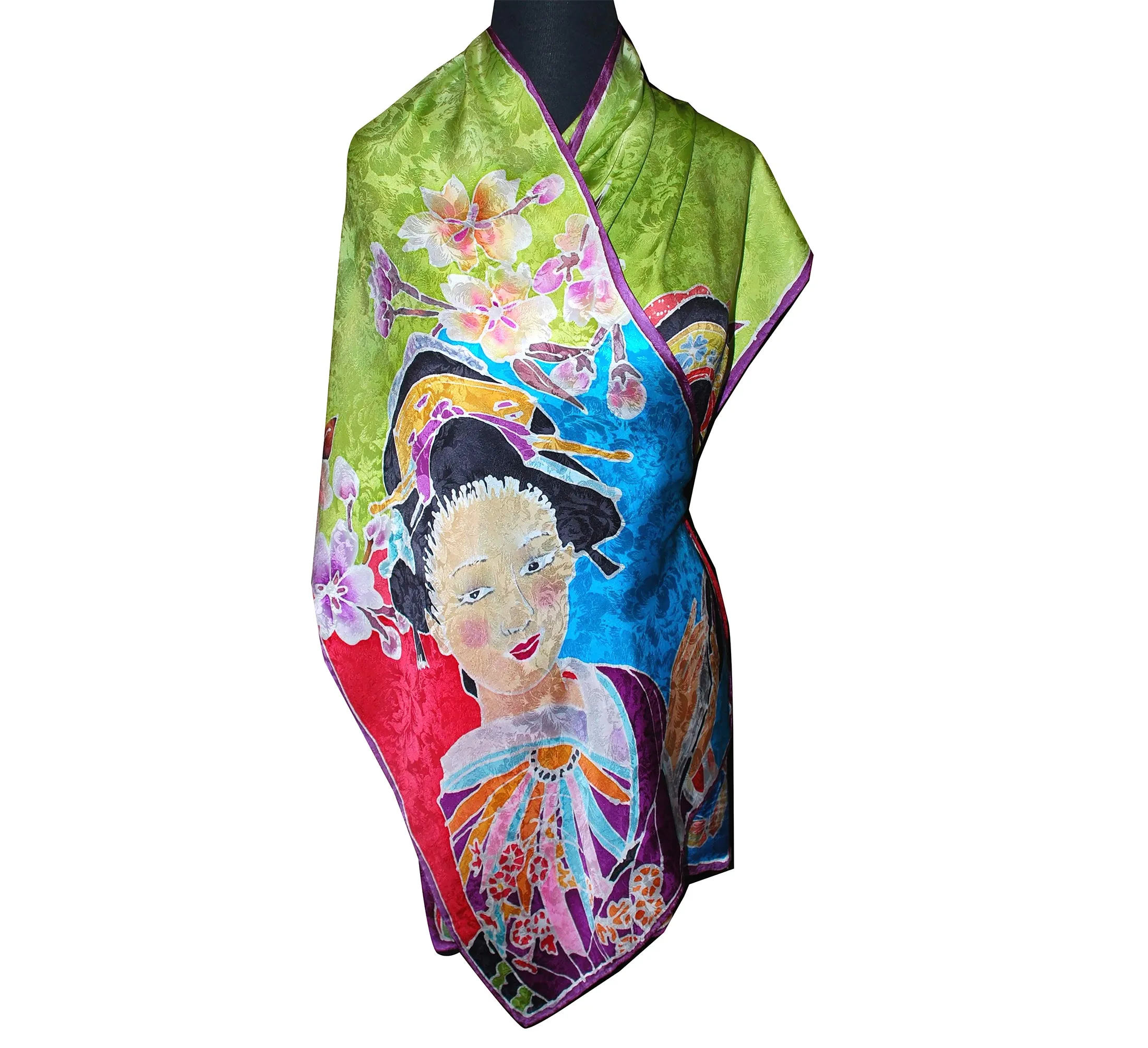 Luxurious Handpainted Japanese Geisha Jacquard Silk Wrap