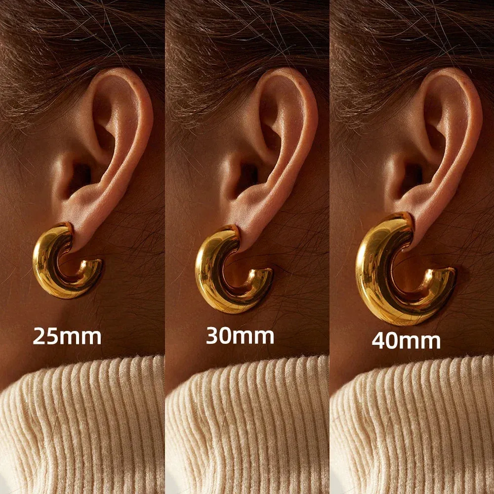 New Retro Stainless Steel Chunky C Shape Hoop Earrings Glossy Gold Plated PVD Circle Round Tube Huggie Hoops Stacked Ear Jewelry