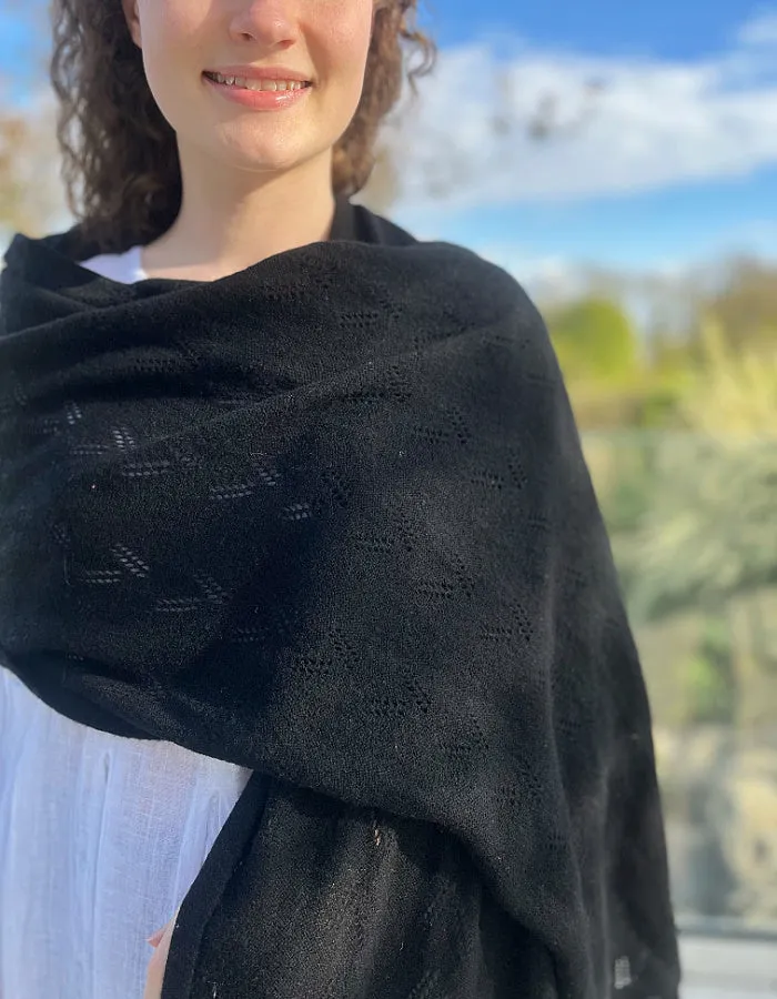 Ochre Lace Stitch Cashmere Blend Wrap in Black