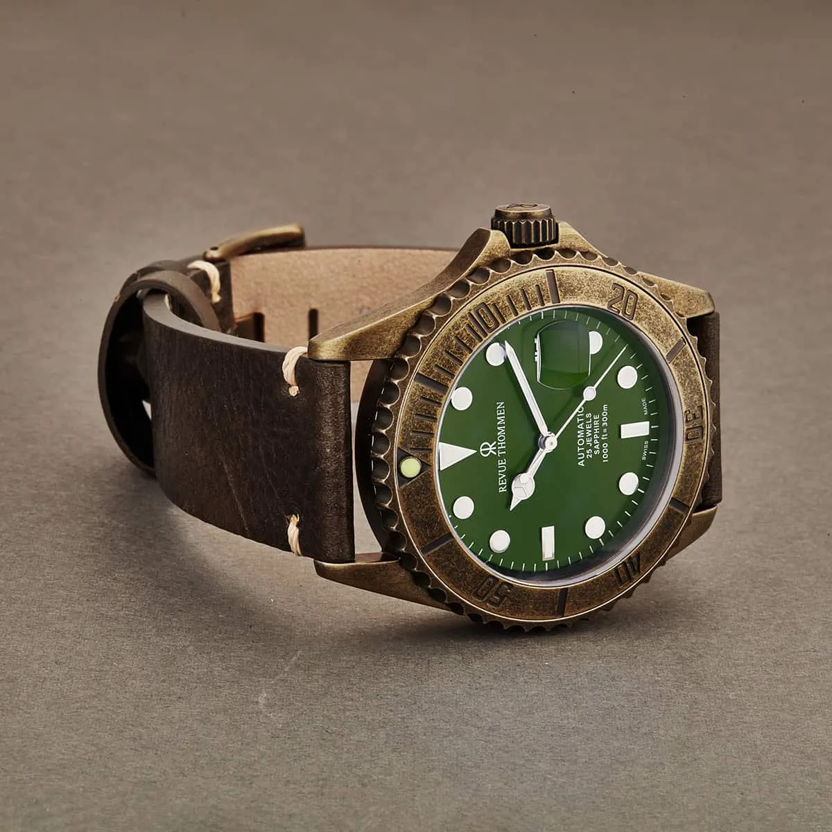 Revue Thommen Men's 17571.2584 'Diver' Green Dial Brown Leather Strap Gunmetal Automatic Watch