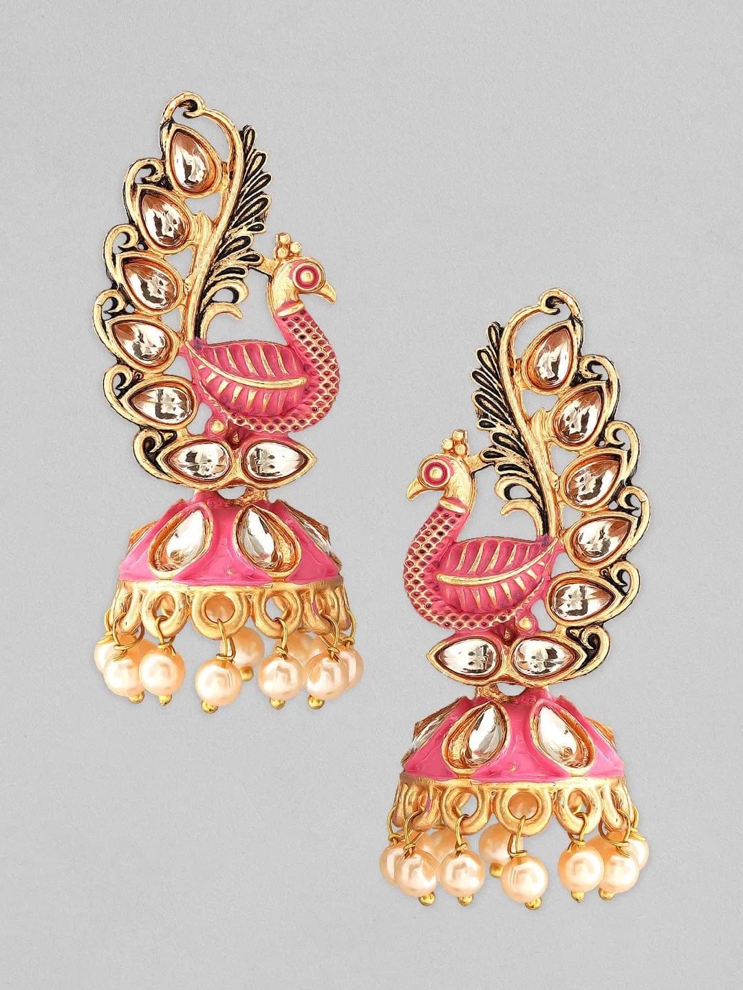 Rubans 22k Gold-Plated Handcrafted Kundan & Enamel Peacock Design Jhumka Earring