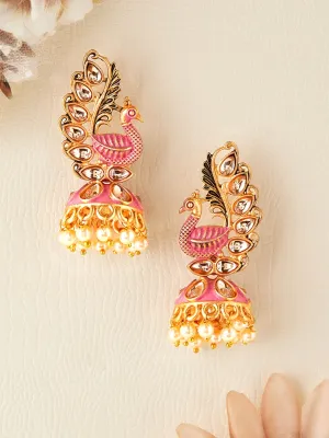 Rubans 22k Gold-Plated Handcrafted Kundan & Enamel Peacock Design Jhumka Earring