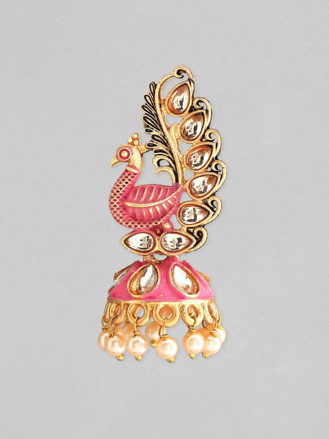 Rubans 22k Gold-Plated Handcrafted Kundan & Enamel Peacock Design Jhumka Earring