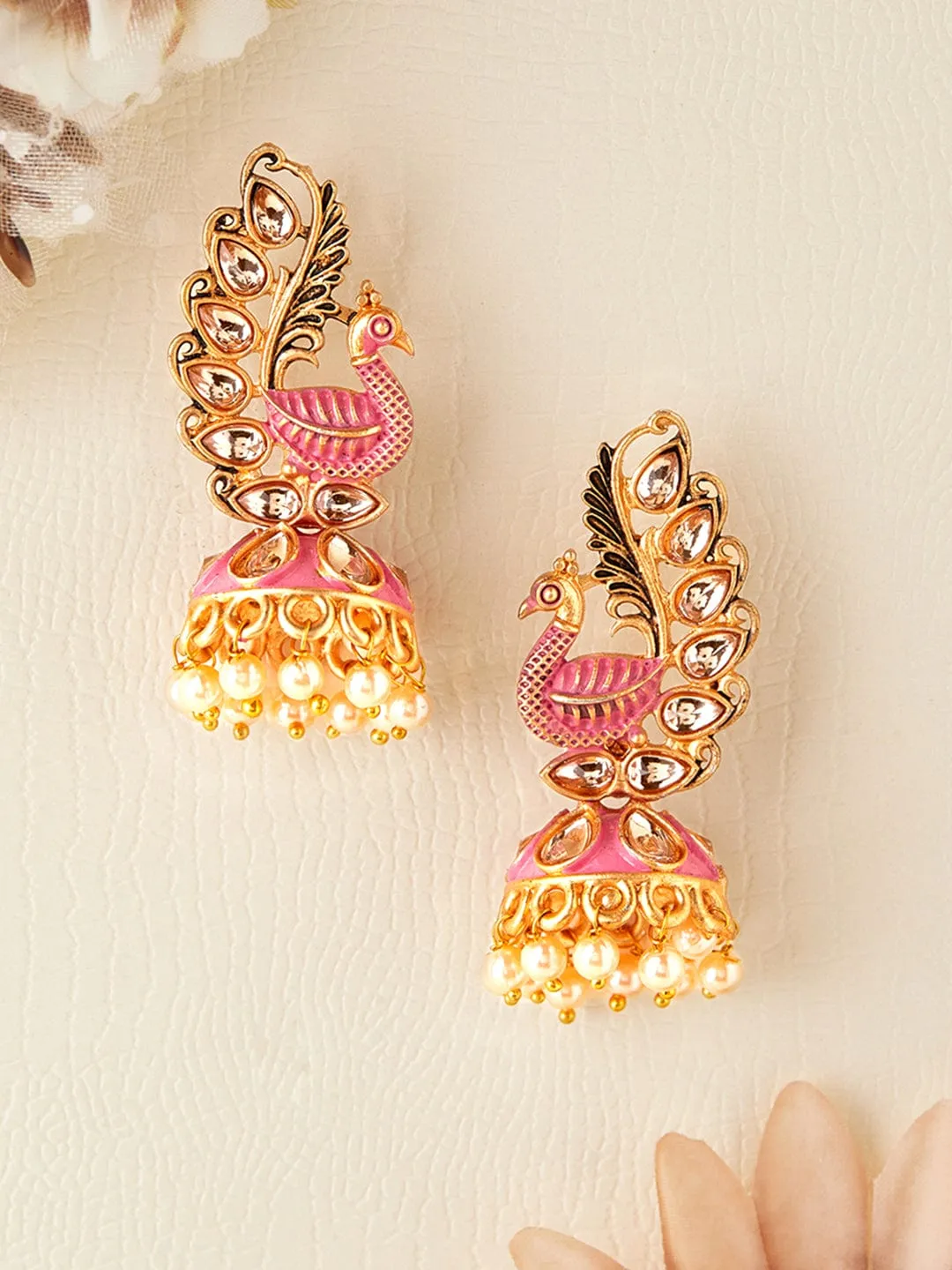 Rubans 22k Gold-Plated Handcrafted Kundan & Enamel Peacock Design Jhumka Earring