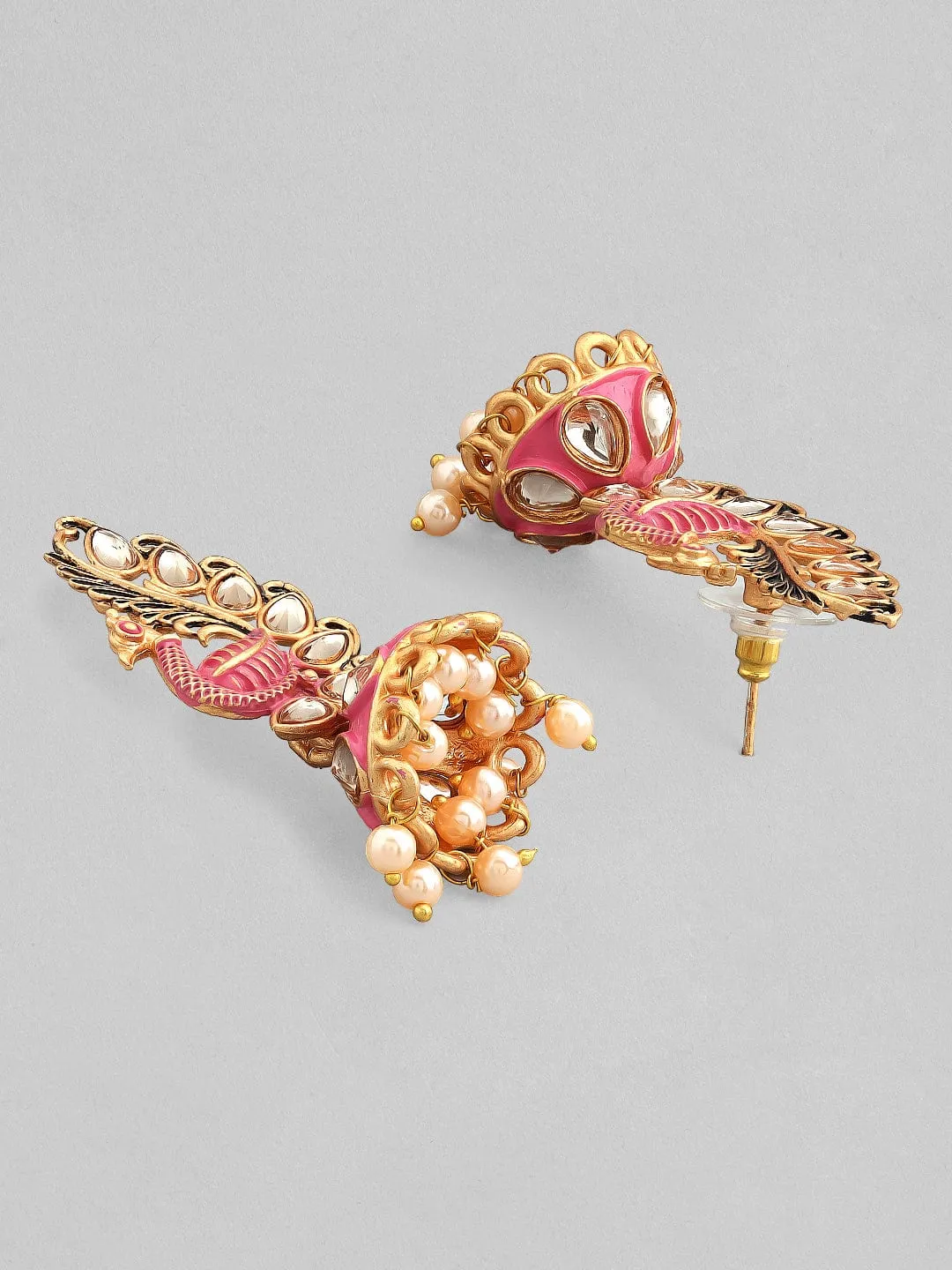 Rubans 22k Gold-Plated Handcrafted Kundan & Enamel Peacock Design Jhumka Earring