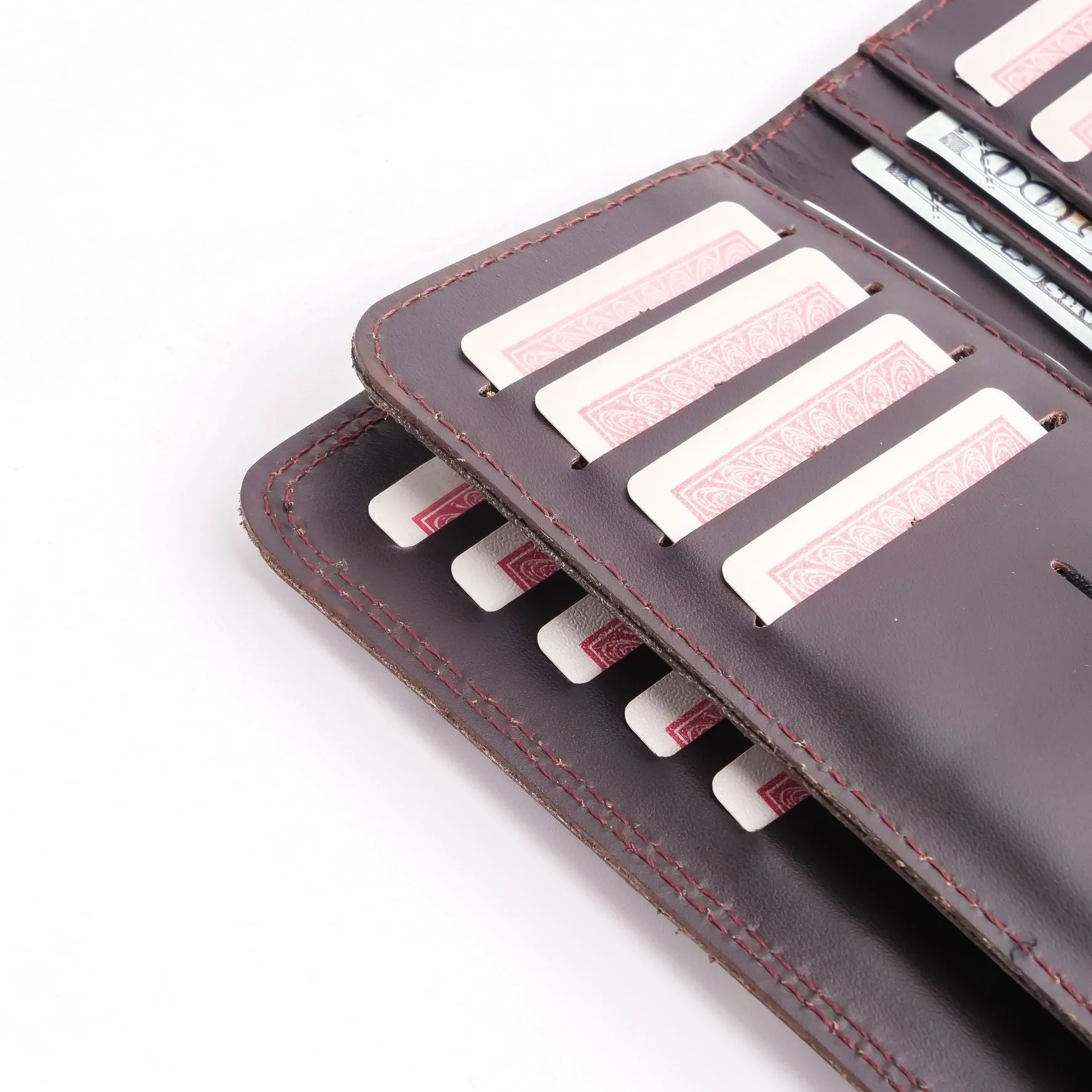 Tri-Fold Pure Leather Long Wallet With Button Closure-BURGUNDY