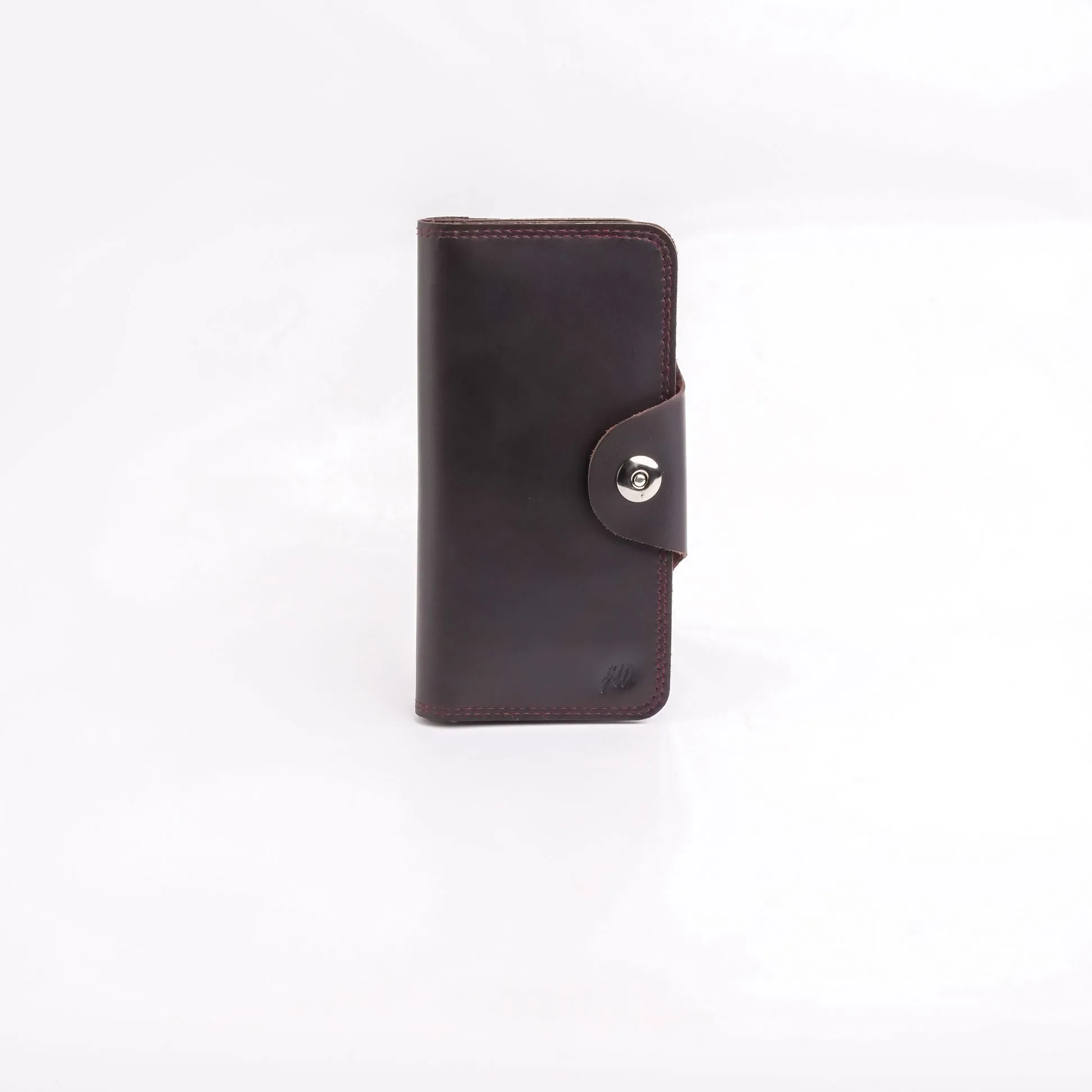 Tri-Fold Pure Leather Long Wallet With Button Closure-BURGUNDY