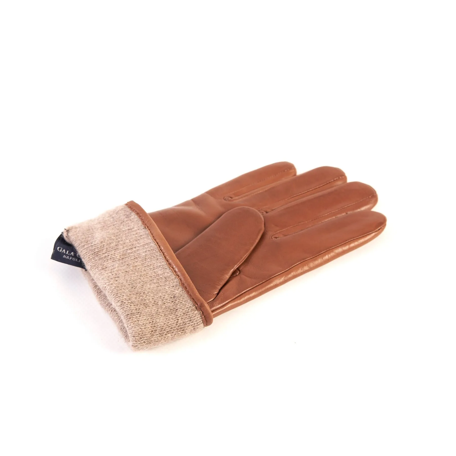 Women's camel nappa leather gloves with suede panel insert on top cashmere lined